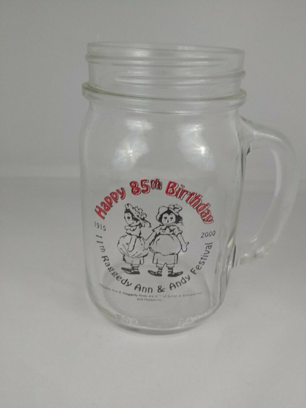 2000 Raggedy Ann and Andy Glass Mug "Happy 85th Birthday"